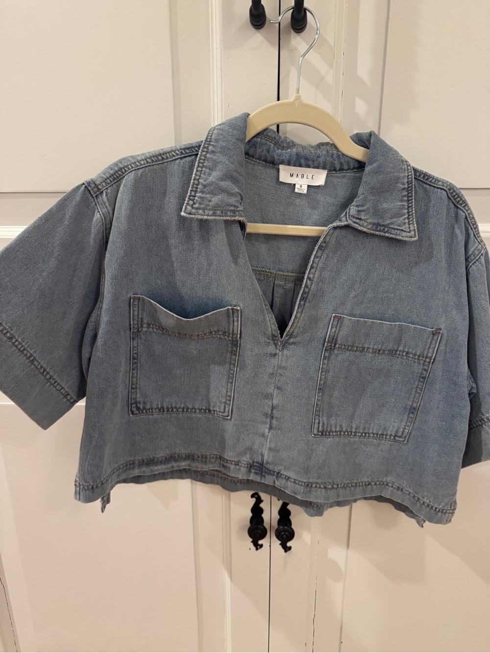 MARBLE Washed Denim Crop Shirt - Blue